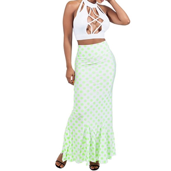 Polka Dots High Waist Mermaid Bodycon Maxi Skirt - Picture 3 of 7